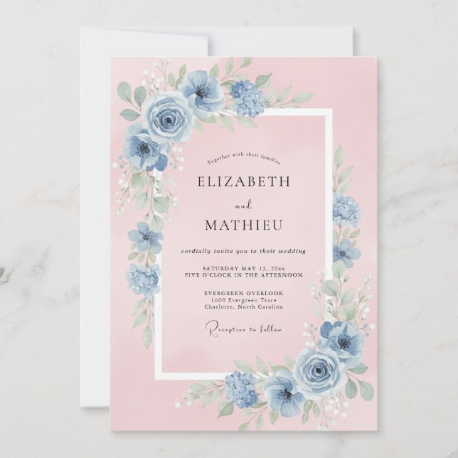 Invitation Quartz Bleuet Ranunculus Eucalyptus Mariage (Devant)