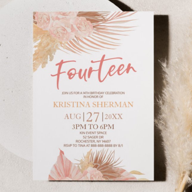 Invitation Quatorze Boho Rose Floral 14e fête d'anniversaire (Créateur téléchargé)