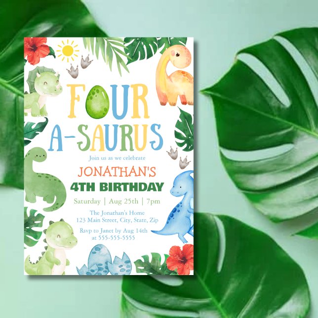 Invitation Quatre A-Saurus Dino 4e Anniversaire (Créateur téléchargé)