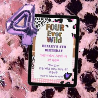 Invitation Quatre Animaux Sauvages Imprimés Filles Anniversai