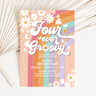 Invitation Quatre ans pour toujours Daisy Rainbow Groovy Anni