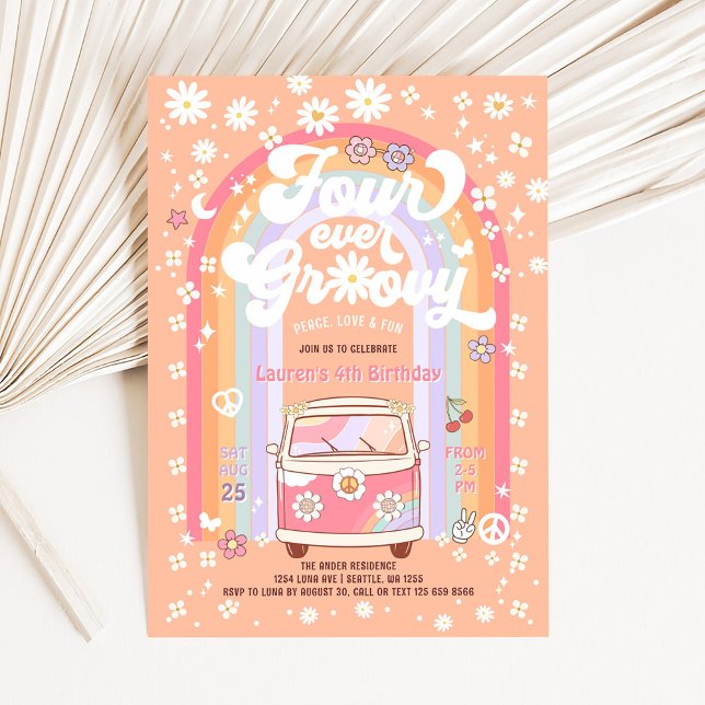 Invitation QUATRE ans pour toujours Groovy Daisy Van (Créateur téléchargé)
