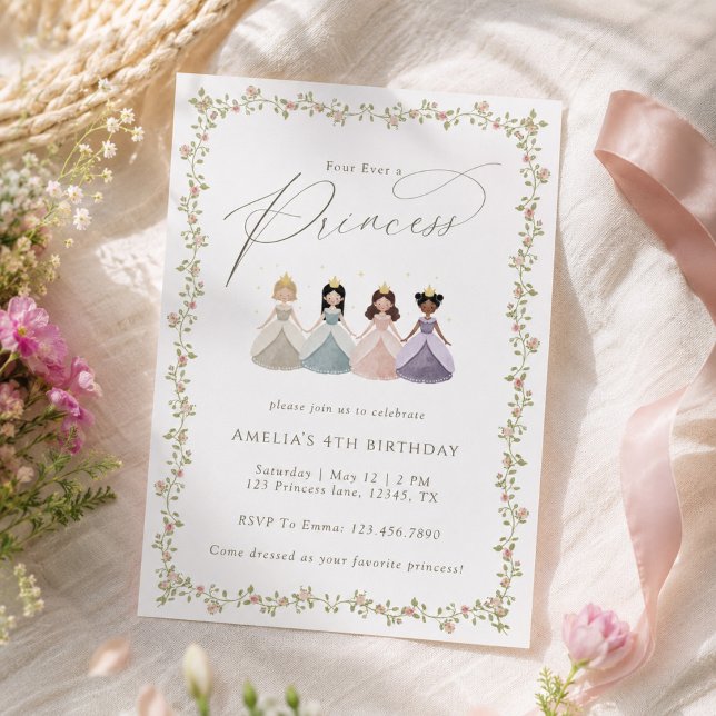 Invitation Quatre ans pour toujours une princesse Fête d'anni (Créateur téléchargé)