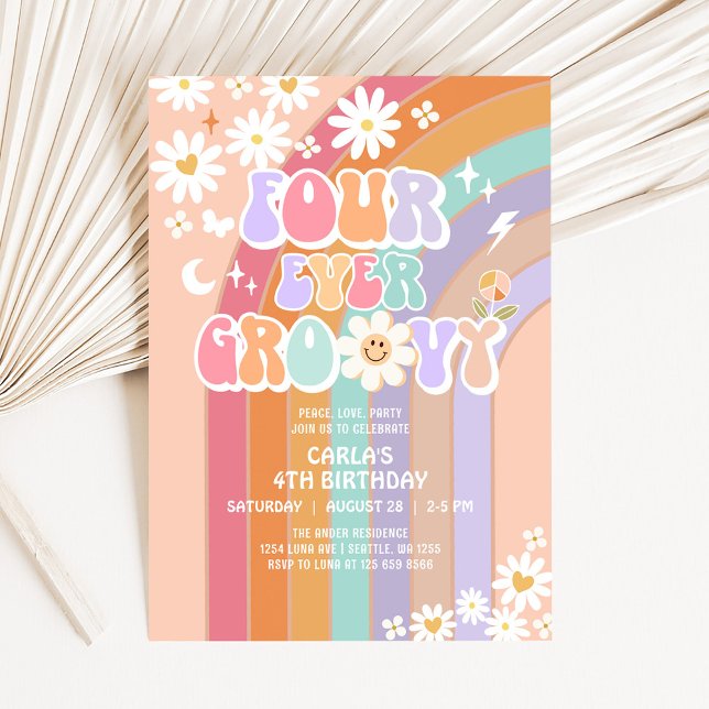 Invitation QUATRE ans Toujours Groovy Daisy Rainbow Groovy An (Créateur téléchargé)
