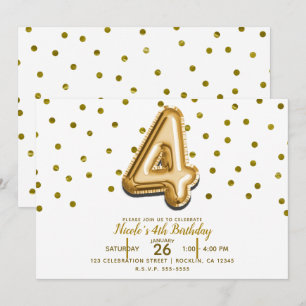 Invitation Quatre ballons en or 4 et confettis pour une fête