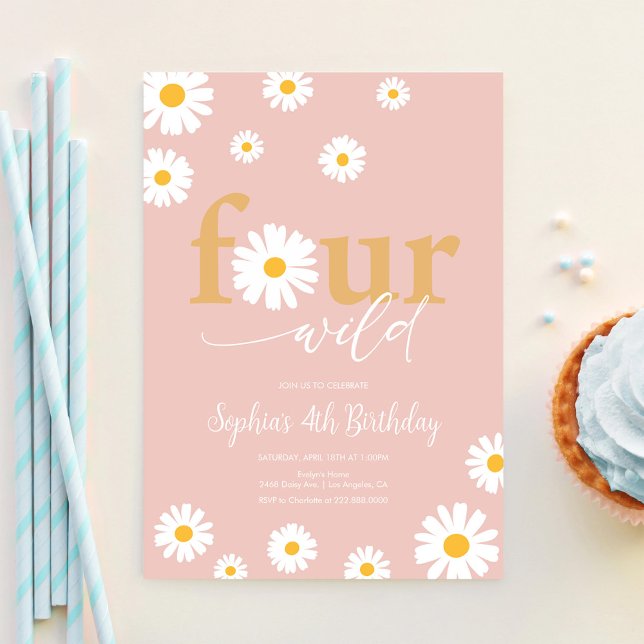 Invitation QUATRE Boho sauvage rose Daisy 4e anniversaire (Créateur téléchargé)