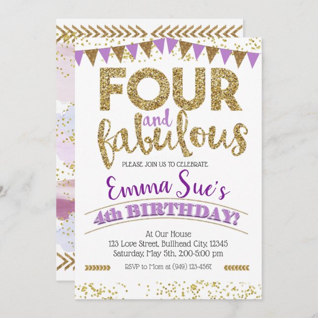 Invitation Quatre et Fabulous Girls Purple 4e anniversaire (Devant / Derrière)