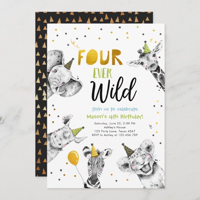 Invitation Quatre Ever Fête sauvage Animaux Safari Garçon Ann (Devant / Derrière)