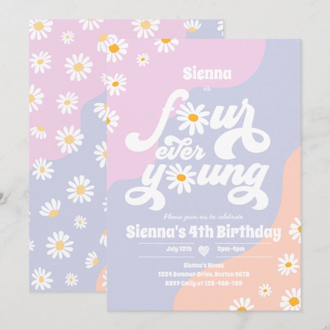 Invitation Quatre Ever Young 4e anniversaire fête Boho Daisy (Devant / Derrière)