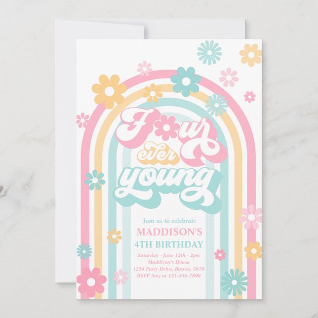 Invitation Quatre Ever Young Boho Daisy Rainbow 4e anniversai (Devant)