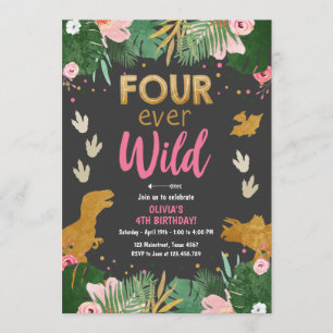 Invitation Quatre filles dinosaures roses de Dino folle