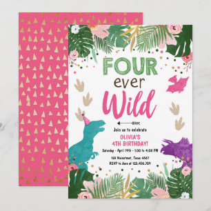 Invitation Quatre filles dinosaures roses de Dino folle