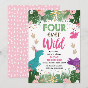 Invitation Quatre filles dinosaures roses de Dino folle