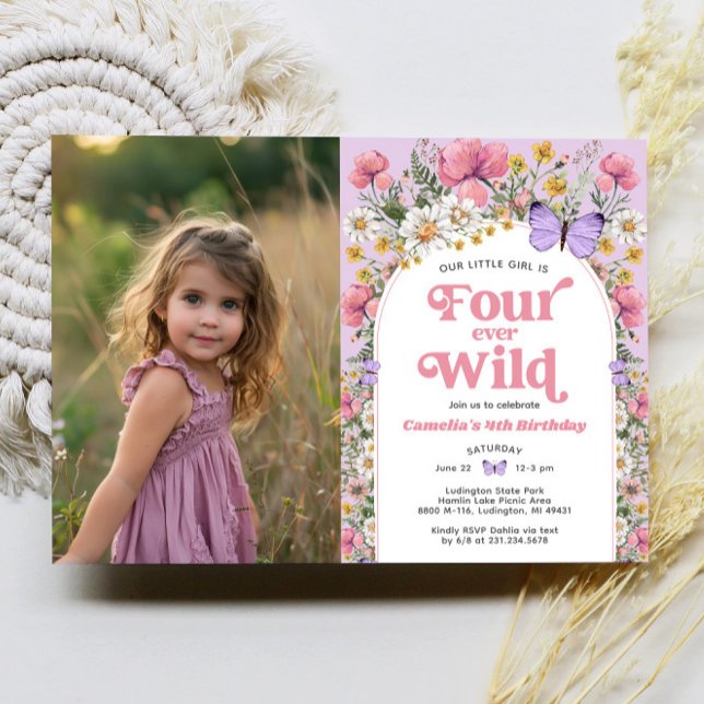 Invitation Quatre Fleur sauvage sauvage 4e anniversaire Photo (Four Ever Wild Butterfly Wildflower 4th Birthday Photo Invitation)