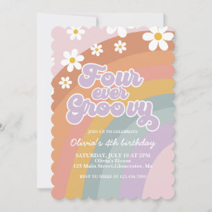 Invitation Quatre fois groovy Anniversaire Rétro Arc-en-ciel 