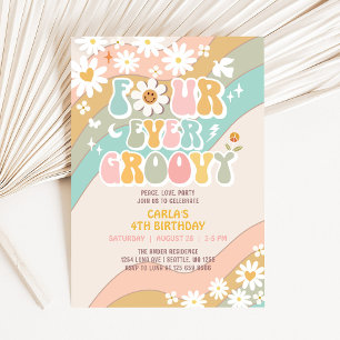 Invitation Quatre fois groovy Daisy Hippie Anniversaire Rétro