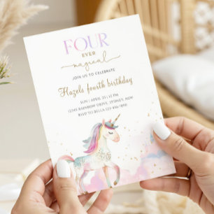 Invitation Quatre fois licorne pastel magique 4e anniversaire