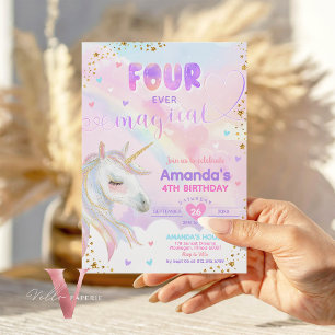 Invitation QUATRE fois Magique Arc-en-ciel Unicorn Or Anniver