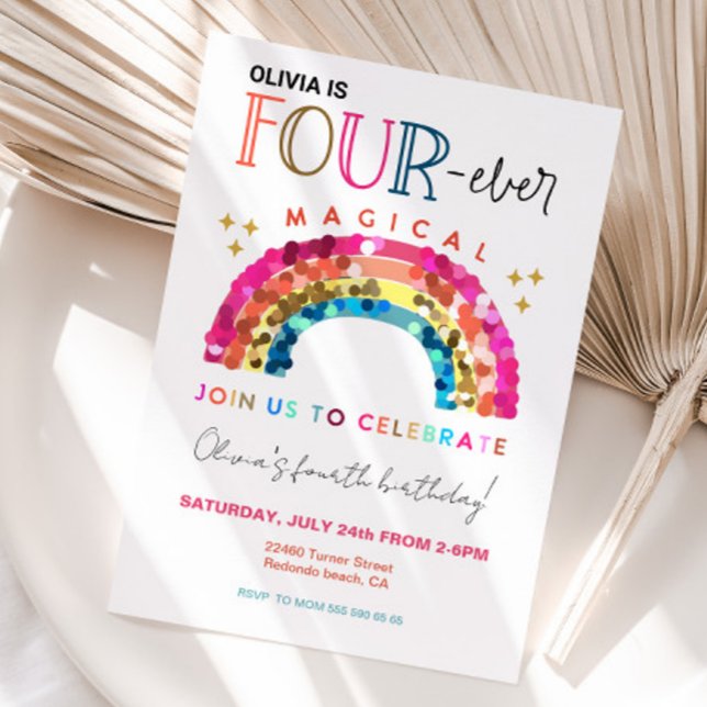 Invitation QUATRE fois Magique mignon arc-en-ciel 4e annivers (Cute Rainbow Four ever magical birthday invitation)
