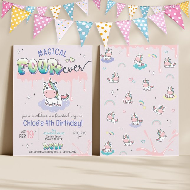 Invitation QUATRE fois Magique Unicorn mignonne fille 4e anni (Magical Forever cute girly kawaii unicorn rainbow pink purple graffiti magic 4th birthday invitation)