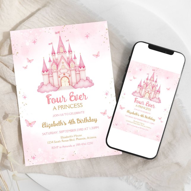 Invitation Quatre fois une princesse Château 4e anniversaire (Créateur téléchargé)