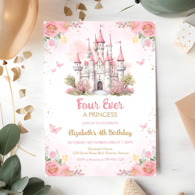 Invitation Quatre fois une princesse Château 4e anniversaire (Créateur téléchargé)