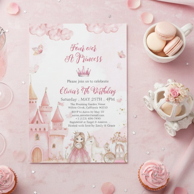 Invitation Quatre fois une princesse Château licorne 4e anniv (Créateur téléchargé)