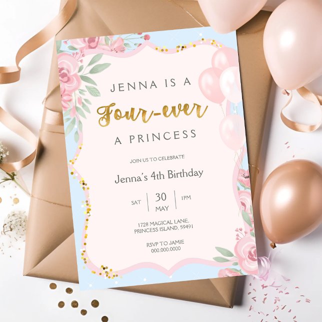 Invitation Quatre fois une princesse thème fille 4ème anniver (Créateur téléchargé)