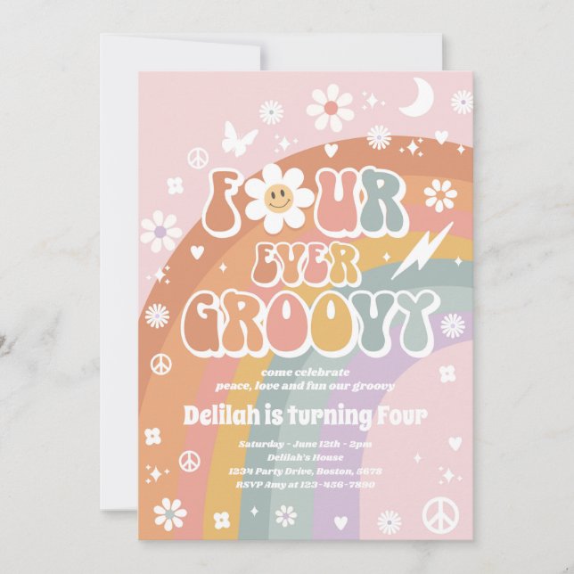Invitation Quatre Hippie Super 4e fête d'anniversaire (Devant)