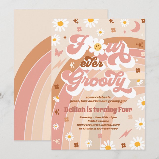 Invitation Quatre Hippie Super Rainbow 4e fête d'anniversaire (Devant / Derrière)