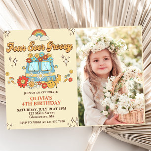 Invitation Quatre jamais Super Retro Rainbow 4th Birday Photo