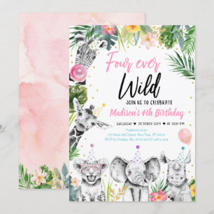 Invitation Quatre jamais Wild Tropical Safari fille Anniversa