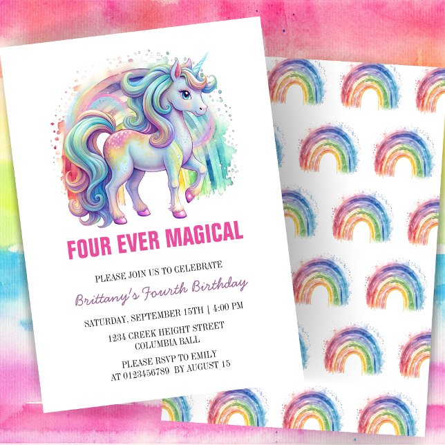 Invitation Quatre Jours Magique Pastel Unicorn Quatrième Anni (Créateur téléchargé)