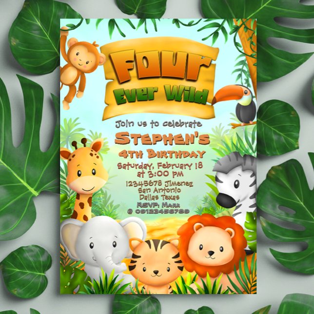 Invitation Quatre Jours Sauvages Safari Anniversaire (Four Ever Wild Safari 4th Birthday Invitation)