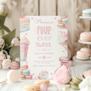 Invitation Quatre macarons pastel sucrés de 4 ans