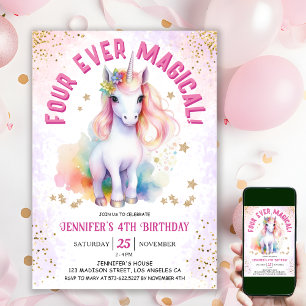Invitation Quatre magiques Unicorn 4e fête d'anniversaire