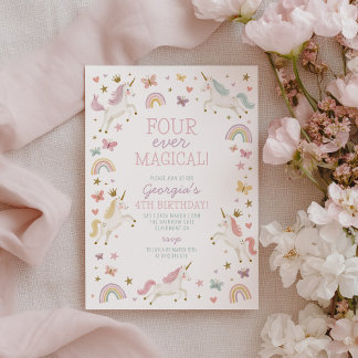 Invitation Quatre magnifiques licornes arc-en-ciel pour un an
