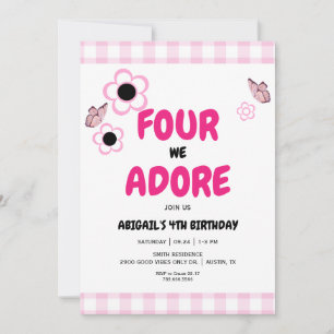 Invitation Quatre nous adorons la 4ème Fille rose fête d'anni
