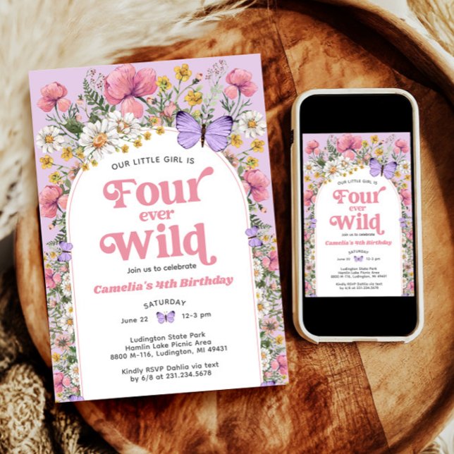 Invitation Quatre papillon sauvage Fleur sauvage 4e anniversa (Four Ever Wild Butterfly Wildflower 4th Birthday Invitation)