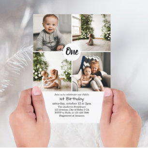 Invitation Quatre Photos Carrés Collage 1er Anniversaire Invi