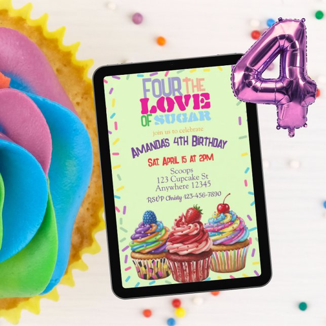 Invitation Quatre pour l'amour du sucre, Cupcake 4ème anniver (Créateur téléchargé)