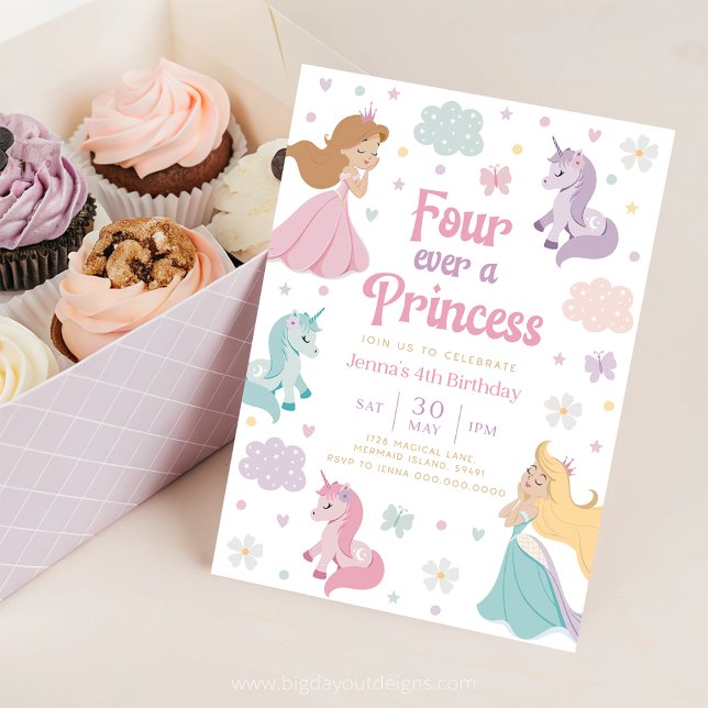 Invitation Quatre Princesse Invitation. Pour toujours une pri (Princess and Unicorn Rainbow 4th Birthday Invitation)