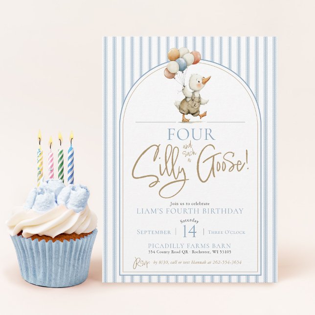 Invitation QUATRE Silly Goose Cute Pinstripe Boy 4e anniversa (FOUR Silly Goose cute modern arch whimsical ticking pinstripe boy 4th birthday party invitation)