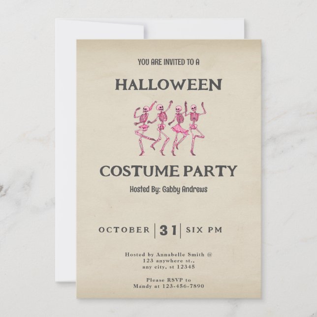 Invitation Quatre skettons de danse rose Vintage Halloween (Devant)