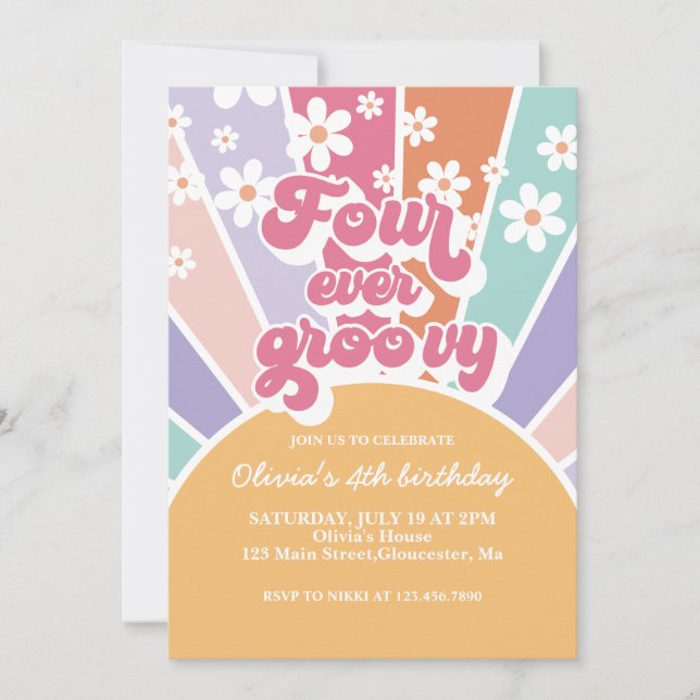 Invitation Quatre Toujours Groovy Retro Soleil Arc-en-ciel Ma (Devant)