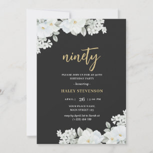 Invitation Quatre-vingt-dix Floral Élégant Anniversaire Noir 