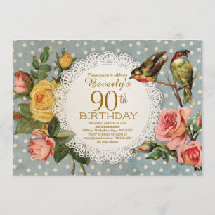 Invitation quatre-vingt-dixième Oiseaux floraux rustiques