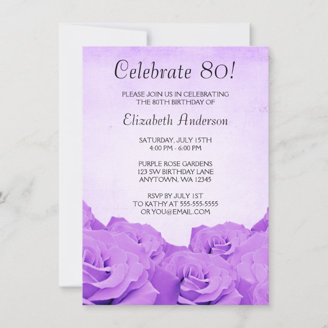 Invitation Quatre-vingtième fête d'anniversaire de roses (Devant)