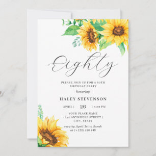 Invitation Quatre-vingts Chic Jaune Tournesol Floral 80e Anni