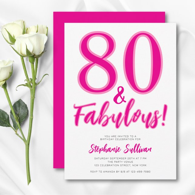 Invitation Quatre-vingts et Fabuleux Fête d'anniversaire rose (Créateur téléchargé)